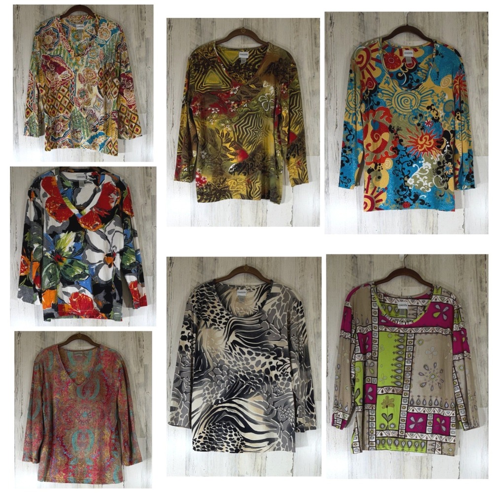 Lot of 7 Chicos Tops Size 2 (Medium) Multicolor Abstract Floral 3/4 Sleeve READ
